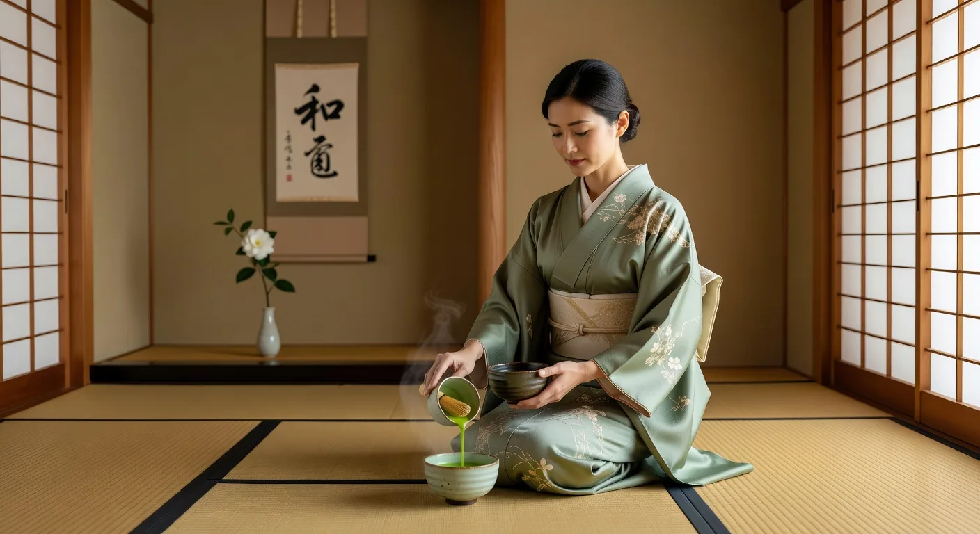 Japanese tea ceremony on tatami