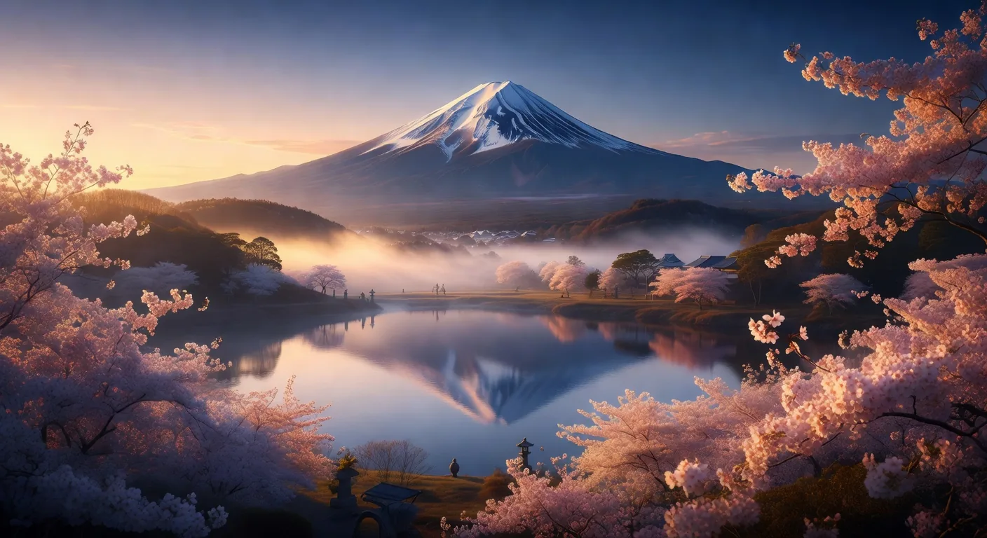 Mount Fuji sunrise with cherry blossoms