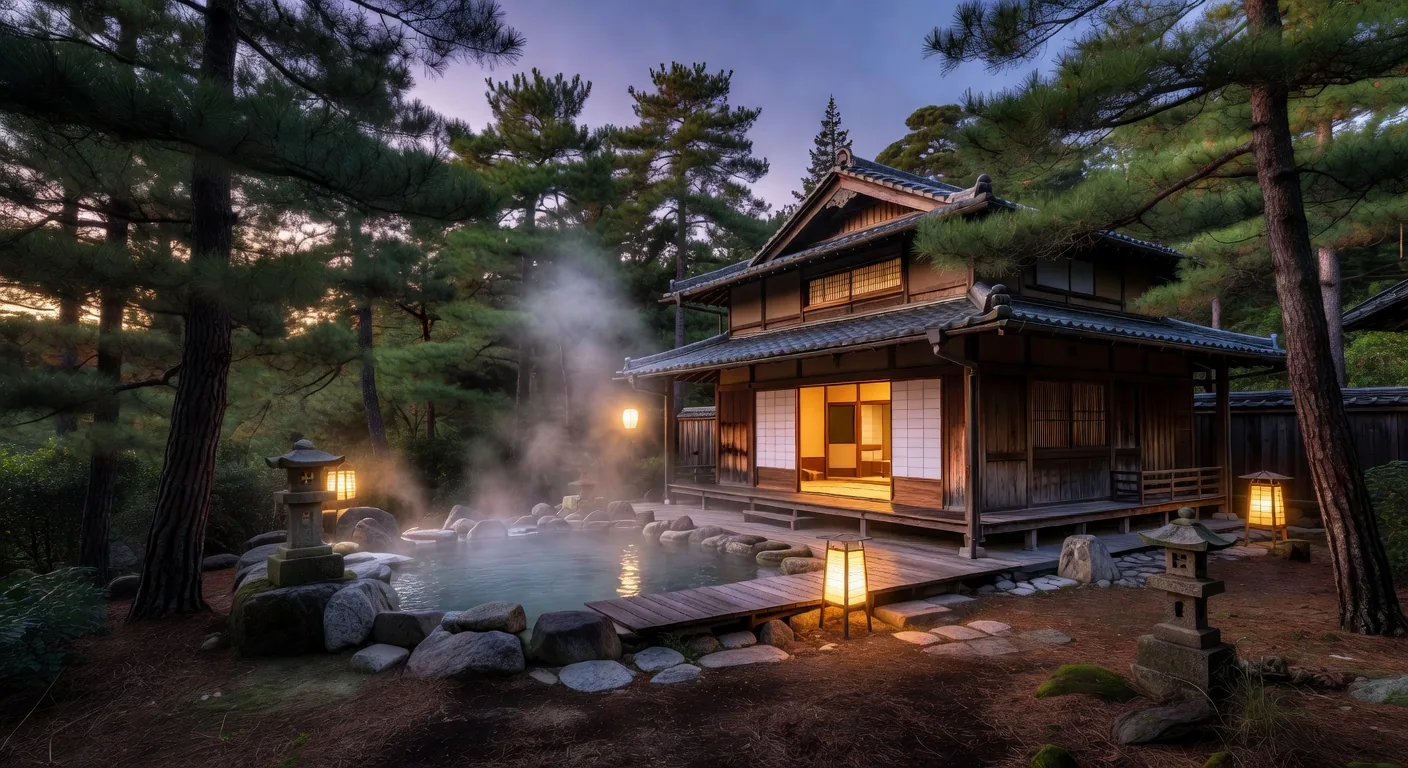 Ryokan onsen hot spring at dusk Japan