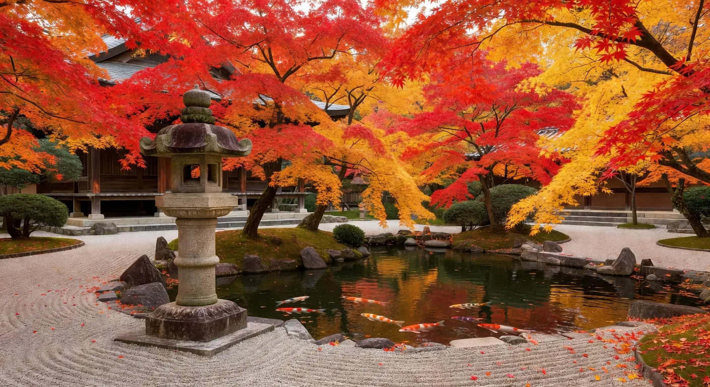 Temple with autumn maple leaves Japan